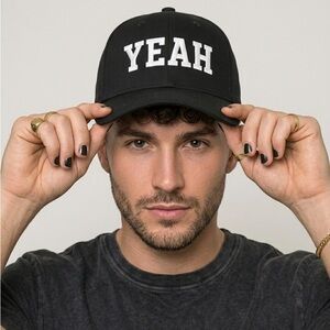 YEAH Black Baseball Hat – White Embroidered Minimalist Streetwear Aesthetic Cap